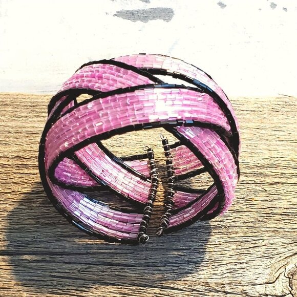 Pink Black Vintage Y2K 90s Striped Pretzel Memory Wire Cuff Bracelet Barbie Core - Picture 7 of 8